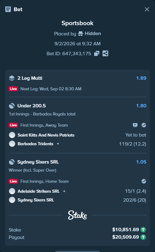 Bet slip: St. Kitts and Nevis Patriots - Barbados Tridents, $10,851.69 stake at 1.80 odds, placed by Hidden