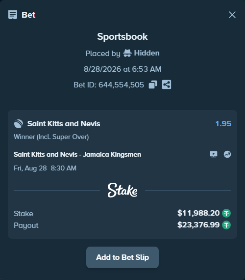 Bet slip: St. Kitts and Nevis Patriots - Jamaica Kingsmen, $11,987.00 stake at 1.95 odds, placed by Hidden