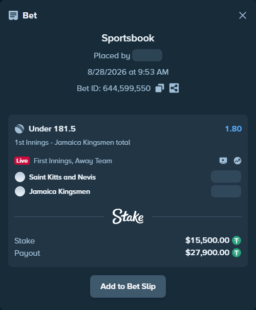 Bet slip: St. Kitts and Nevis Patriots - Jamaica Kingsmen, $15,498.45 stake at 1.80 odds, placed by Munni12300