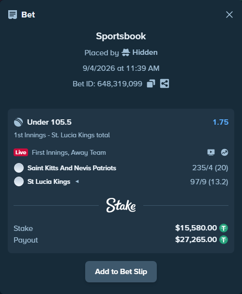 Bet slip: St. Kitts and Nevis Patriots - St. Lucia Kings, $15,580.00 stake at 1.75 odds, placed by Hidden