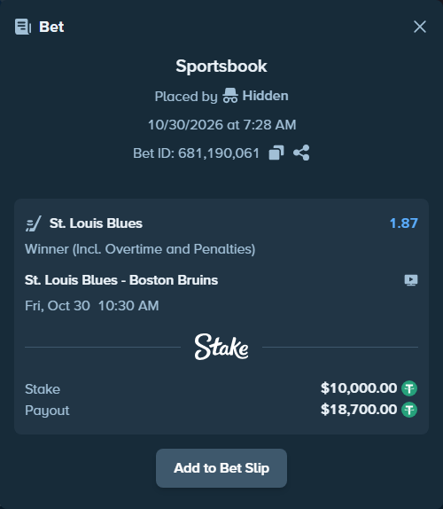 Bet slip: St. Louis Blues - Boston Bruins, $10,010.00 stake at 1.87 odds, placed by Hidden