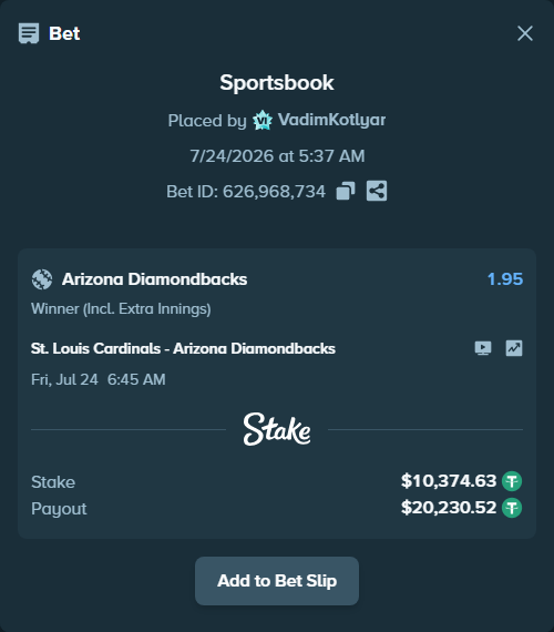 Bet slip: St. Louis Cardinals - Arizona Diamondbacks, $10,385.00 stake at 1.95 odds, placed by VadimKotlyar