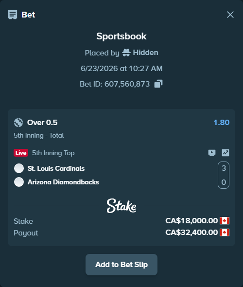 Bet slip: St. Louis Cardinals - Arizona Diamondbacks, $13,320.00 stake at 1.80 odds, placed by Hidden