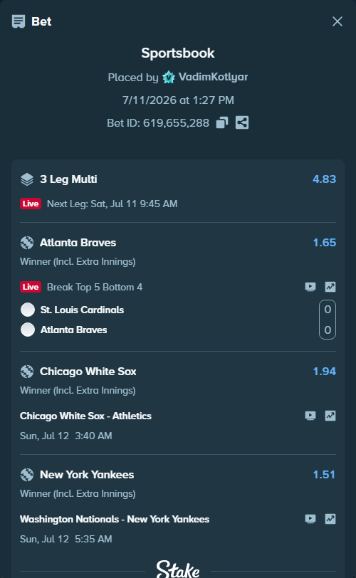 Bet slip: St. Louis Cardinals - Atlanta Braves, $12,312.88 stake at 1.65 odds, placed by VadimKotlyar