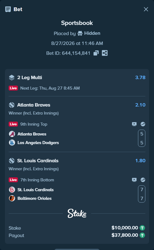 Bet slip: St. Louis Cardinals - Baltimore Orioles, $10,000.00 stake at 1.80 odds, placed by Hidden
