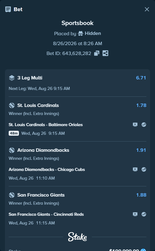 Bet slip: St. Louis Cardinals - Baltimore Orioles, $100,000.00 stake at 1.78 odds, placed by Hidden
