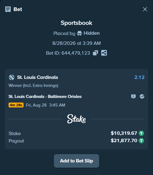 Bet slip: St. Louis Cardinals - Baltimore Orioles, $10,319.67 stake at 2.12 odds, placed by Hidden