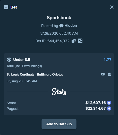 Bet slip: St. Louis Cardinals - Baltimore Orioles, $12,560.55 stake at 1.77 odds, placed by Hidden