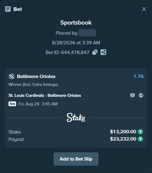 Bet slip: St. Louis Cardinals - Baltimore Orioles, $13,200.00 stake at 1.76 odds, placed by Davidbushel1