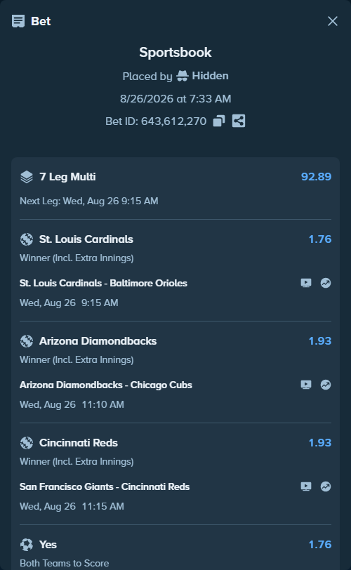 Bet slip: St. Louis Cardinals - Baltimore Orioles, $35,636.97 stake at 1.76 odds, placed by Hidden