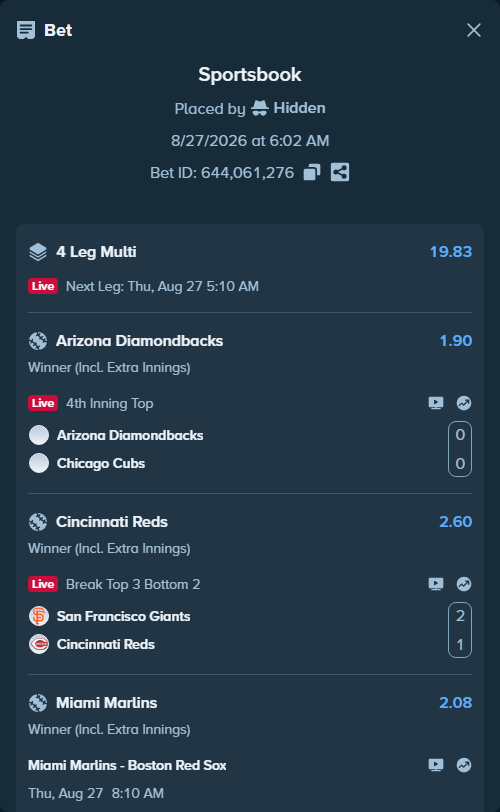 Bet slip: St. Louis Cardinals - Baltimore Orioles, $95,276.30 stake at 1.93 odds, placed by Hidden