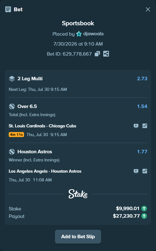 Bet slip: St. Louis Cardinals - Chicago Cubs, $10,000.00 stake at 1.54 odds, placed by djawoals
