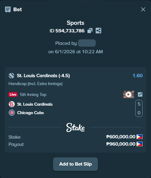 Bet slip: St. Louis Cardinals - Chicago Cubs, $10,800.00 stake at 1.60 odds, placed by Snowjacksmgle