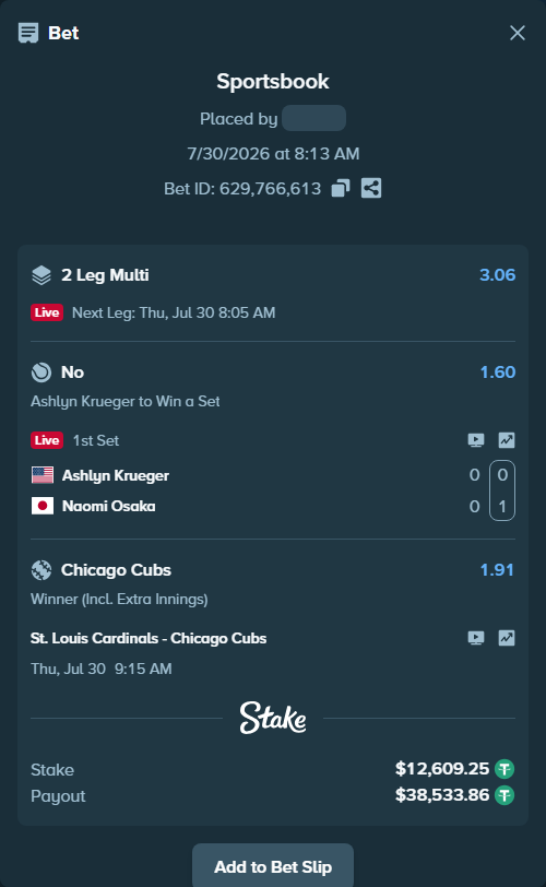 Bet slip: St. Louis Cardinals - Chicago Cubs, $12,621.86 stake at 1.91 odds, placed by dc913