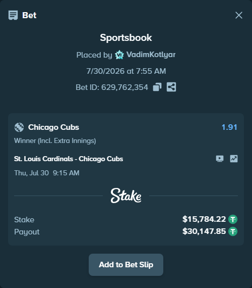 Bet slip: St. Louis Cardinals - Chicago Cubs, $15,800.00 stake at 1.91 odds, placed by VadimKotlyar