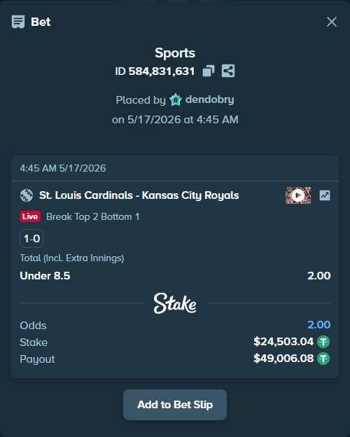 Bet slip: St. Louis Cardinals - Kansas City Royals, $24,503.04 stake at 2.00 odds, placed by dendobry