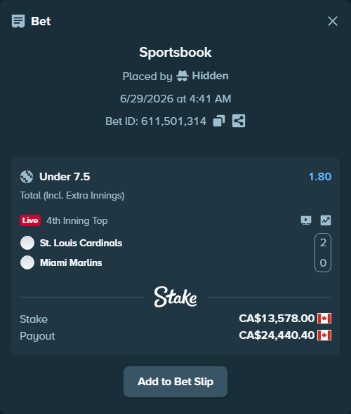 Bet slip: St. Louis Cardinals - Miami Marlins, $10,047.72 stake at 1.80 odds, placed by Hidden