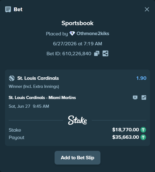 Bet slip: St. Louis Cardinals - Miami Marlins, $18,788.77 stake at 1.90 odds, placed by Othmane2kiks