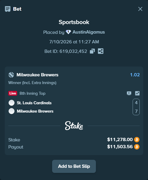 Bet slip: St. Louis Cardinals - Milwaukee Brewers, $11,374.99 stake at 1.02 odds, placed by AustinAlgamus