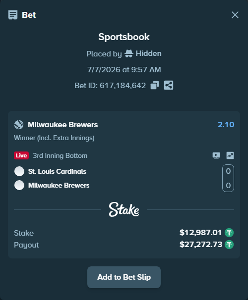 Bet slip: St. Louis Cardinals - Milwaukee Brewers, $13,000.00 stake at 2.10 odds, placed by Hidden