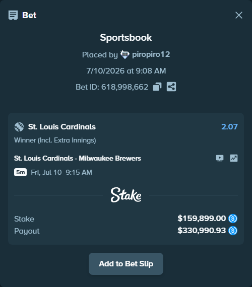 Bet slip: St. Louis Cardinals - Milwaukee Brewers, $159,899.00 stake at 2.07 odds, placed by piropiro12