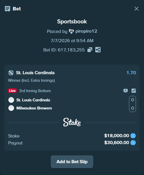 Bet slip: St. Louis Cardinals - Milwaukee Brewers, $18,000.00 stake at 1.70 odds, placed by piropiro12