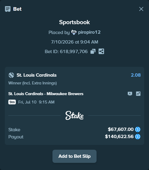 Bet slip: St. Louis Cardinals - Milwaukee Brewers, $67,607.00 stake at 2.08 odds, placed by piropiro12