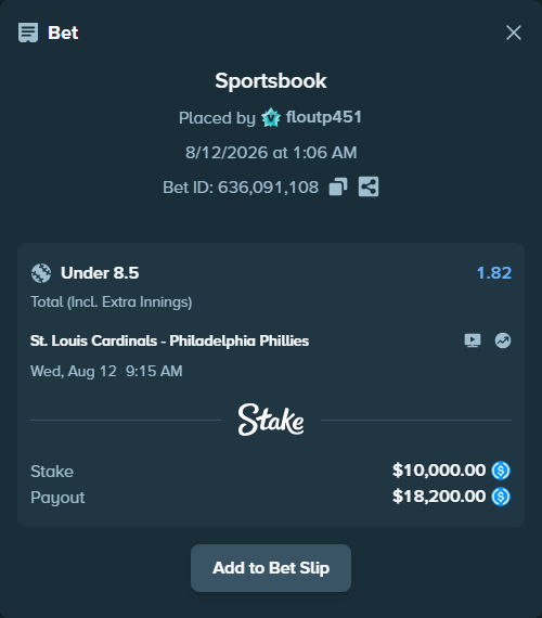 Bet slip: St. Louis Cardinals - Philadelphia Phillies, $10,000.00 stake at 1.82 odds, placed by floutp451