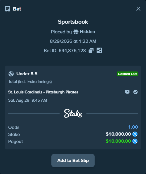 Bet slip: St. Louis Cardinals - Pittsburgh Pirates, $10,000.00 stake at 1.65 odds, placed by Hidden