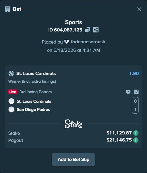 Bet slip: St. Louis Cardinals - San Diego Padres, $11,141.00 stake at 1.90 odds, placed by fadennesaroush