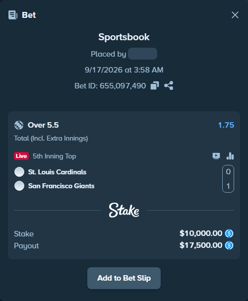 Bet slip: St. Louis Cardinals - San Francisco Giants, $10,000.00 stake at 1.75 odds, placed by Jollysea