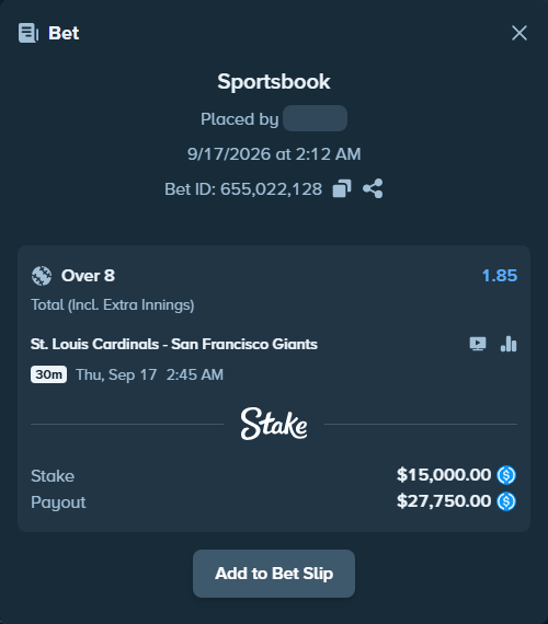 Bet slip: St. Louis Cardinals - San Francisco Giants, $15,000.00 stake at 1.85 odds, placed by Marvin123421