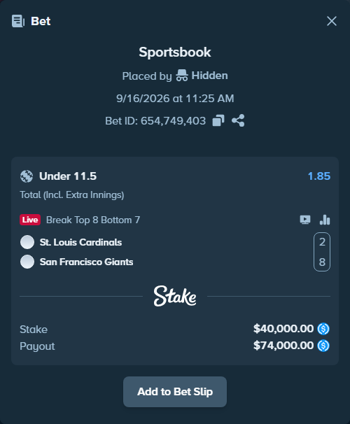 Bet slip: St. Louis Cardinals - San Francisco Giants, $40,000.00 stake at 1.85 odds, placed by Hidden