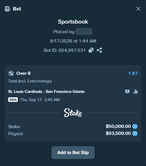 Bet slip: St. Louis Cardinals - San Francisco Giants, $50,000.00 stake at 1.87 odds, placed by Marvin123421