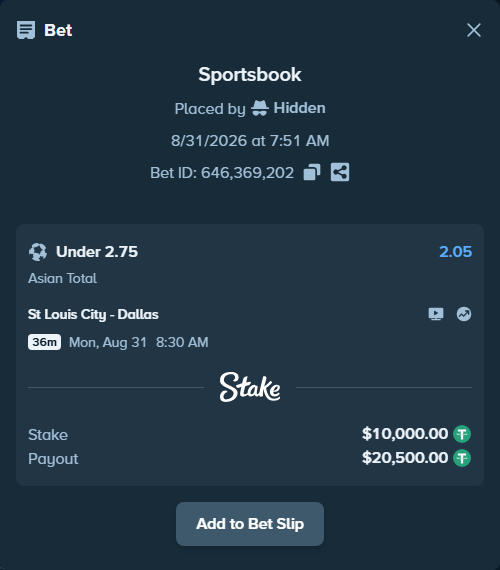 Bet slip: St Louis City - Dallas, $10,000.00 stake at 2.05 odds, placed by Hidden
