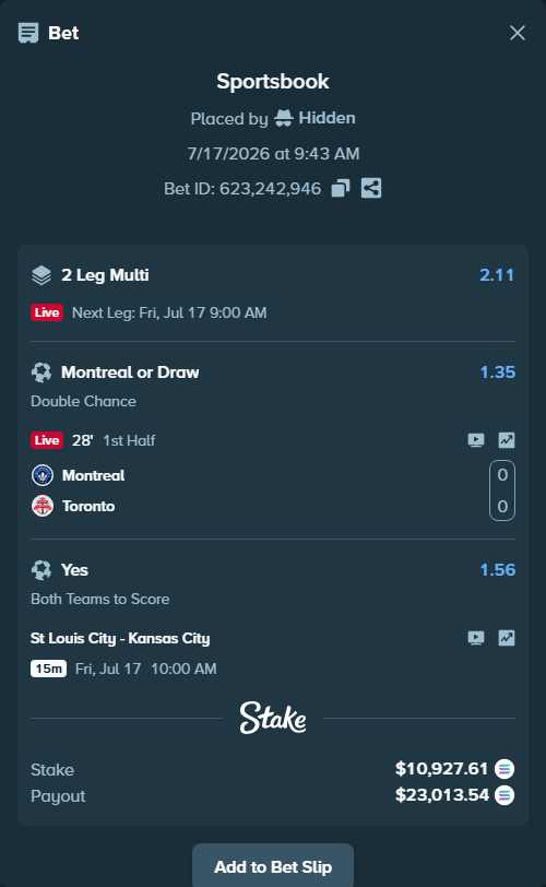 Bet slip: St Louis City - Kansas City, $10,553.71 stake at 1.56 odds, placed by Hidden