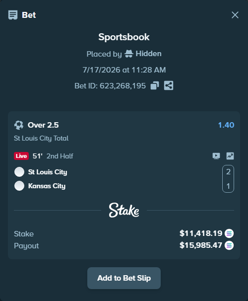 Bet slip: St Louis City - Kansas City, $11,027.51 stake at 1.40 odds, placed by Hidden