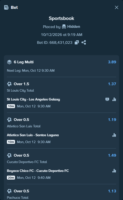 Bet slip: St Louis City - Los Angeles Galaxy, $14,999.00 stake at 1.37 odds, placed by SH7N28