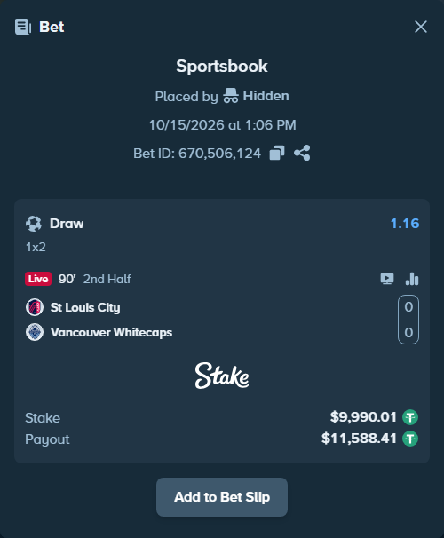Bet slip: St Louis City - Vancouver Whitecaps, $10,000.00 stake at 1.16 odds, placed by Rodrigom04