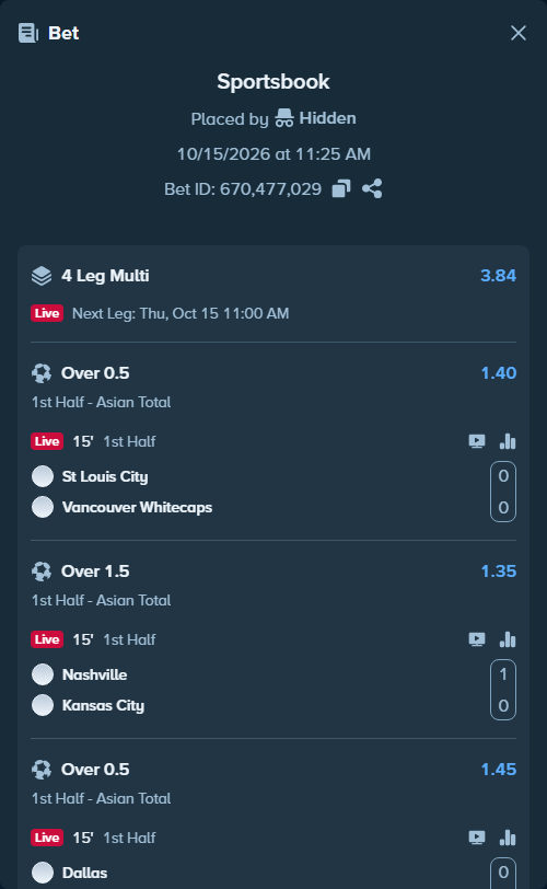 Bet slip: St Louis City - Vancouver Whitecaps, $200,200.00 stake at 1.40 odds, placed by Hidden