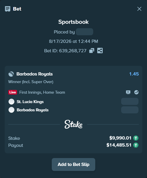 Bet slip: St. Lucia Kings - Barbados Tridents, $10,000.00 stake at 1.45 odds, placed by Raja6457