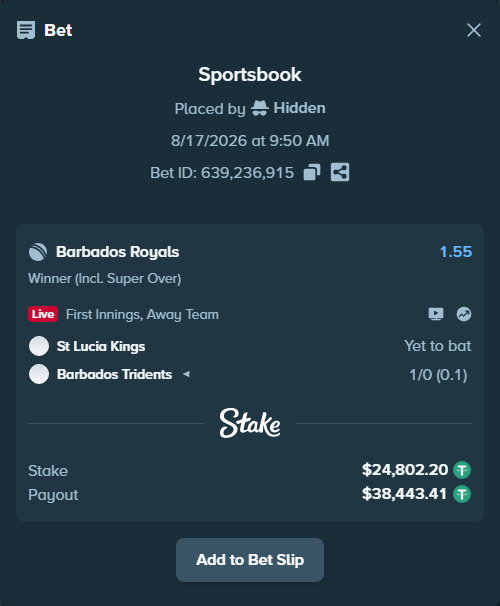 Bet slip: St. Lucia Kings - Barbados Tridents, $24,827.00 stake at 1.55 odds, placed by Hidden