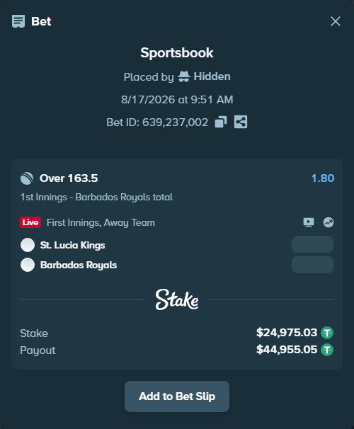 Bet slip: St. Lucia Kings - Barbados Tridents, $25,000.00 stake at 1.80 odds, placed by Hidden
