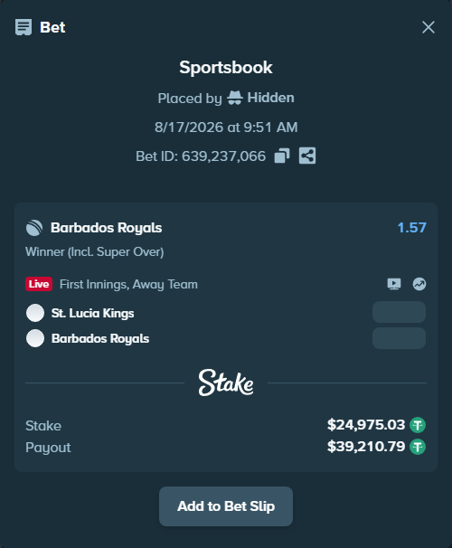 Bet slip: St. Lucia Kings - Barbados Tridents, $25,000.00 stake at 1.57 odds, placed by Hidden