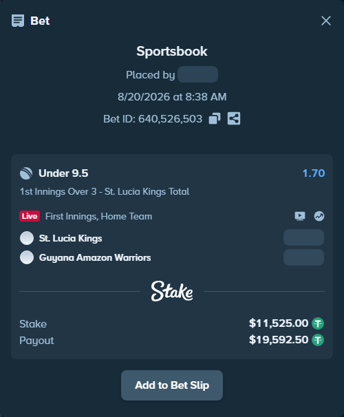 Bet slip: St. Lucia Kings - Guyana Amazon Warriors, $11,525.00 stake at 1.70 odds, placed by Munni12300