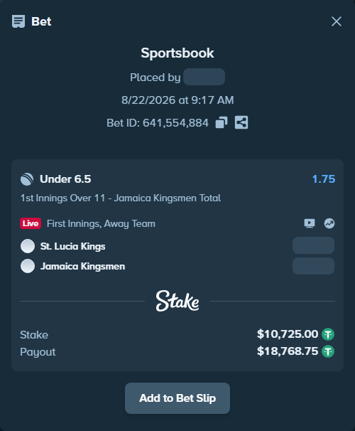 Bet slip: St. Lucia Kings - Jamaica Kingsmen, $10,725.00 stake at 1.75 odds, placed by Munni12300