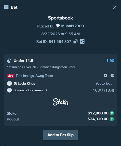 Bet slip: St. Lucia Kings - Jamaica Kingsmen, $12,800.00 stake at 1.90 odds, placed by Munni12300