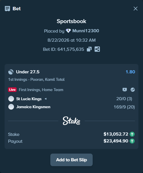 Bet slip: St. Lucia Kings - Jamaica Kingsmen, $13,052.72 stake at 1.80 odds, placed by Munni12300