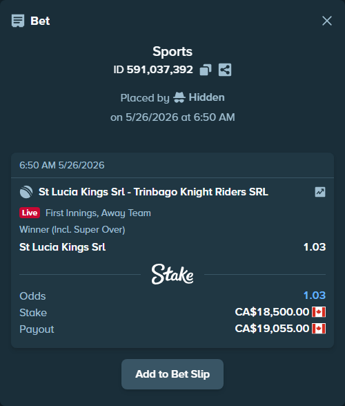 Bet slip: St Lucia Kings SRL - Trinbago Knight Riders SRL, $13,690.00 stake at 1.03 odds, placed by Hidden