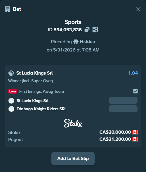 Bet slip: St Lucia Kings SRL - Trinbago Knight Riders SRL, $22,200.00 stake at 1.04 odds, placed by Hidden